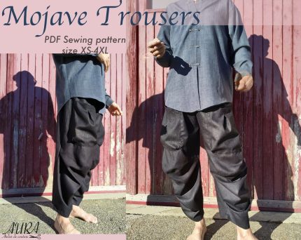 Loose-fitting Mojave trousers featuring an elastic waistband, side pockets, and ankle-length wide legs, shown in lightweight linen.