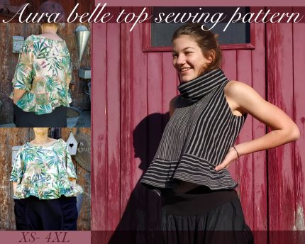 pdf sewing pattern Women’s Short Sleeve Bell Top! This stylish piece combines a classic silhouette with a touch of feminine charm, thanks to its adorable neck and waist ruffles.