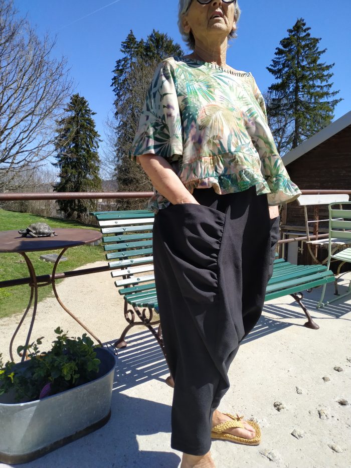 IMG_20210423_144406 Modern sarouel pants inspired by traditional Hmong “Se” design – unisex drop-crotch style with colorful patchwork fabric