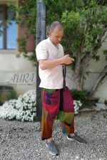 Modern sarouel pants inspired by traditional Hmong “Se” design – unisex drop-crotch style with colorful patchwork fabric