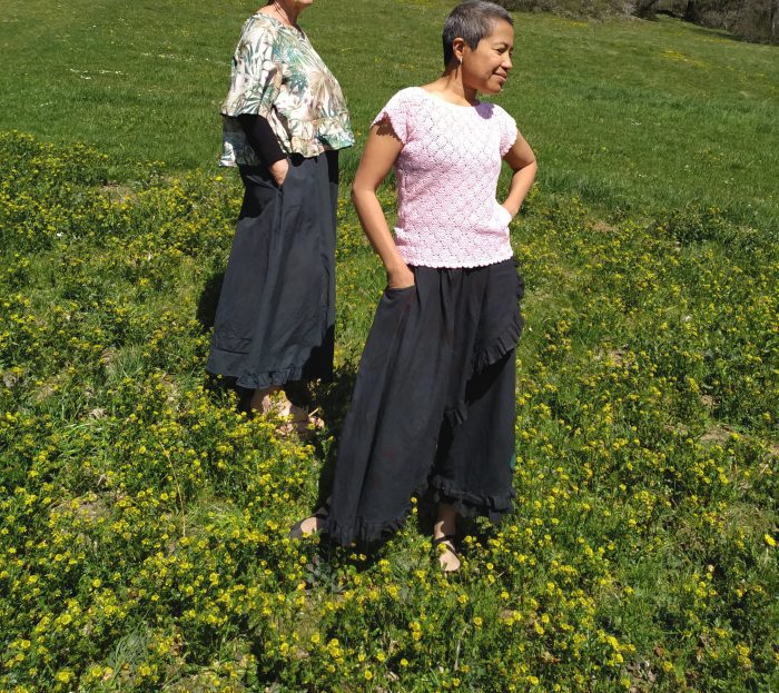 Flamingo 1 Wide leg culottes with skirt overlay, inspired by the Flamingo flower — artistic lagenlook design by Aura Guignard.