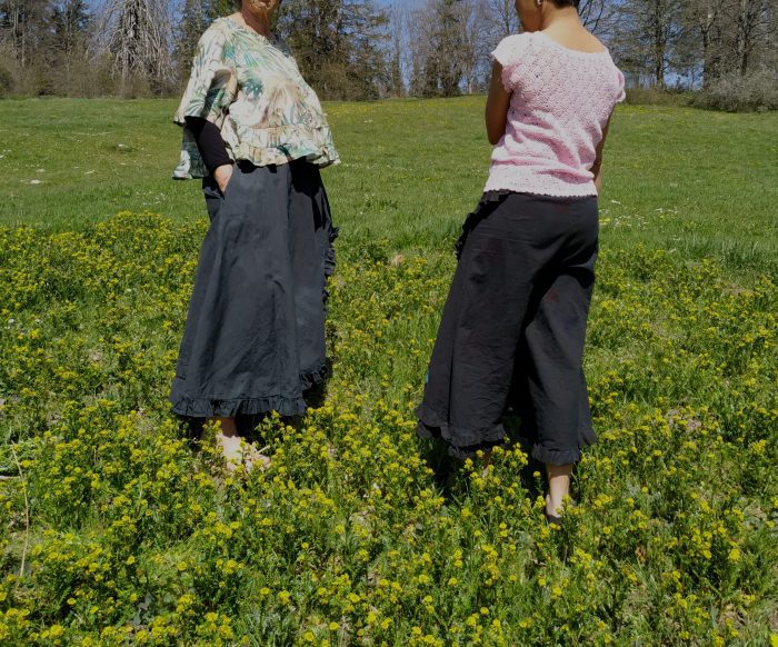 Flamingo 2 Wide leg culottes with skirt overlay, inspired by the Flamingo flower — artistic lagenlook design by Aura Guignard.