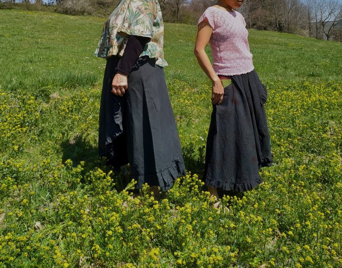 Flamingo 3 Wide leg culottes with skirt overlay, inspired by the Flamingo flower — artistic lagenlook design by Aura Guignard.