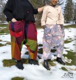 Modern sarouel pants inspired by traditional Hmong “Se” design – unisex drop-crotch style with colorful patchwork fabric