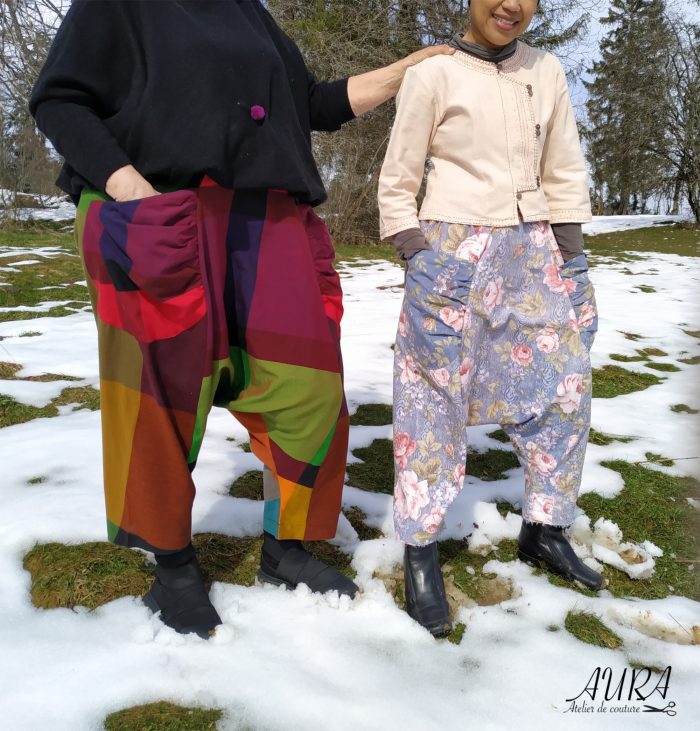 Se sacouel Modern sarouel pants inspired by traditional Hmong “Se” design – unisex drop-crotch style with colorful patchwork fabric