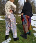 Modern sarouel pants inspired by traditional Hmong “Se” design – unisex drop-crotch style with colorful patchwork fabric