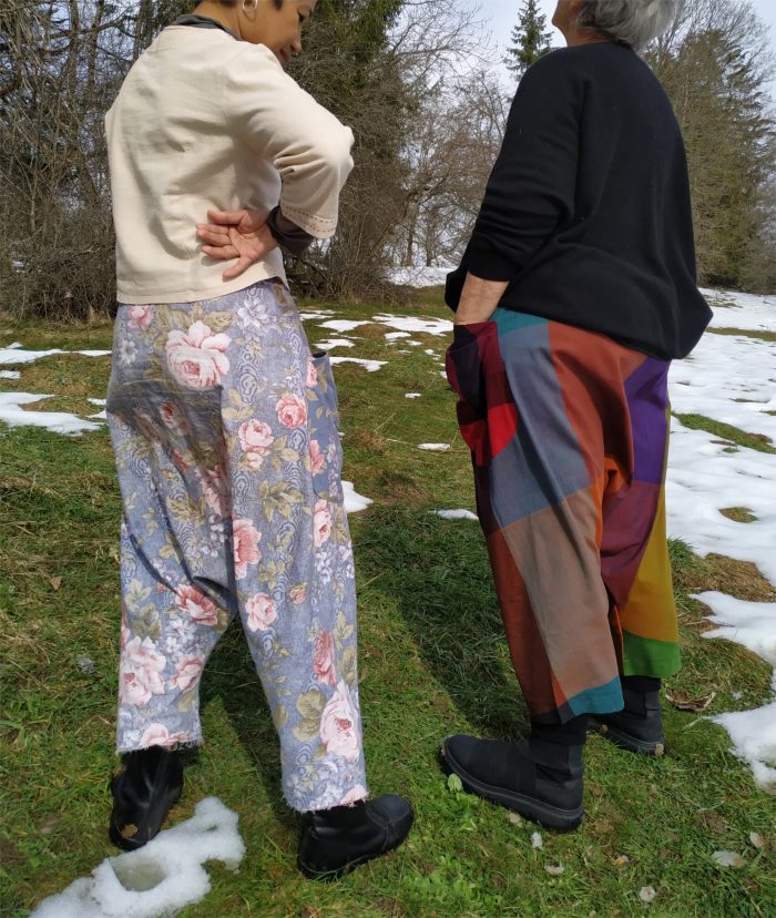Se sacouel Modern sarouel pants inspired by traditional Hmong “Se” design – unisex drop-crotch style with colorful patchwork fabric