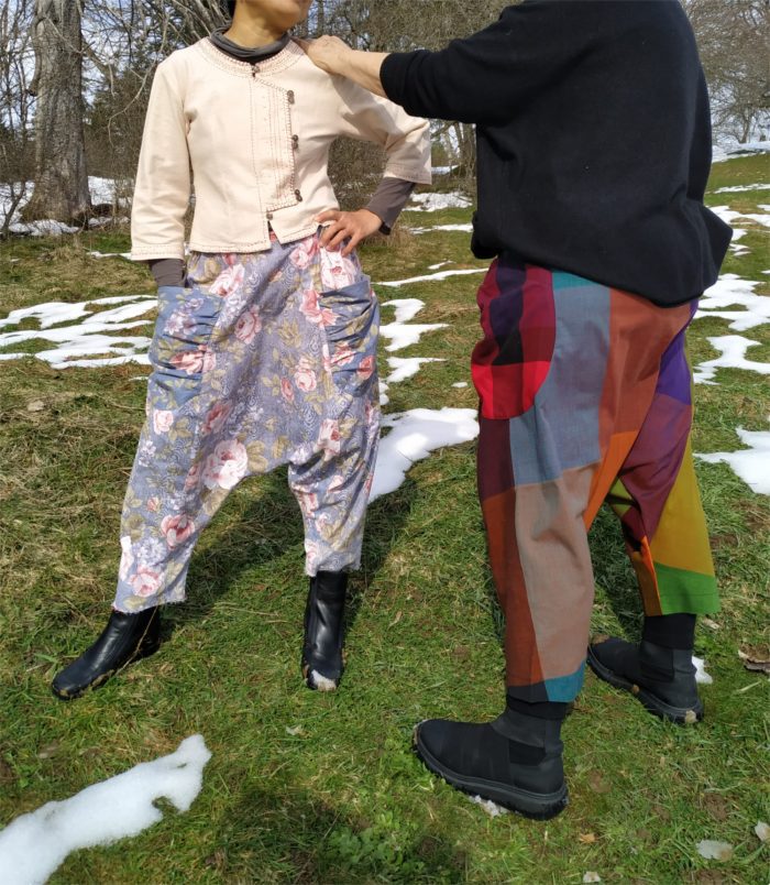 Se sacouel Modern sarouel pants inspired by traditional Hmong “Se” design – unisex drop-crotch style with colorful patchwork fabric