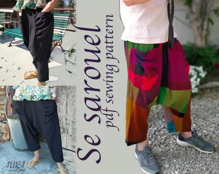 Modern sarouel pants inspired by traditional Hmong “Se” design – unisex drop-crotch style with colorful patchwork fabric