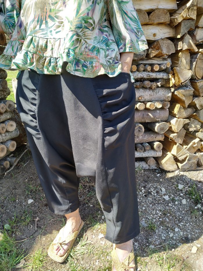 IMG_20210423_144326 Modern sarouel pants inspired by traditional Hmong “Se” design – unisex drop-crotch style with colorful patchwork fabric
