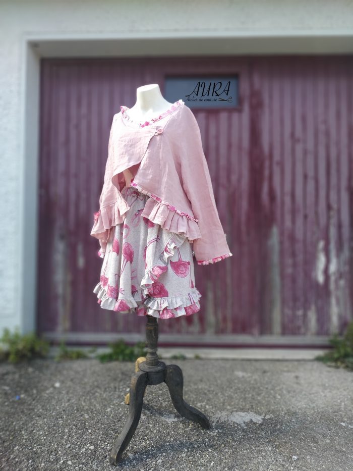ShortFlamingo Wide leg culottes with skirt overlay, inspired by the Flamingo flower — artistic lagenlook design by Aura Guignard.