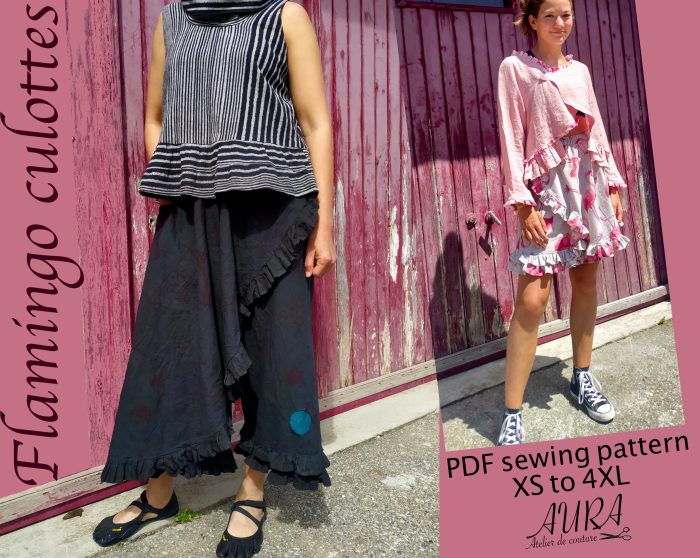 Flamingo Culottes – Wide Leg Pants with Skirt Overlay | Artistic Lagenlook Design by Aura Guignard Wide leg culottes with skirt overlay, inspired by the Flamingo flower — artistic lagenlook design by Aura Guignard.